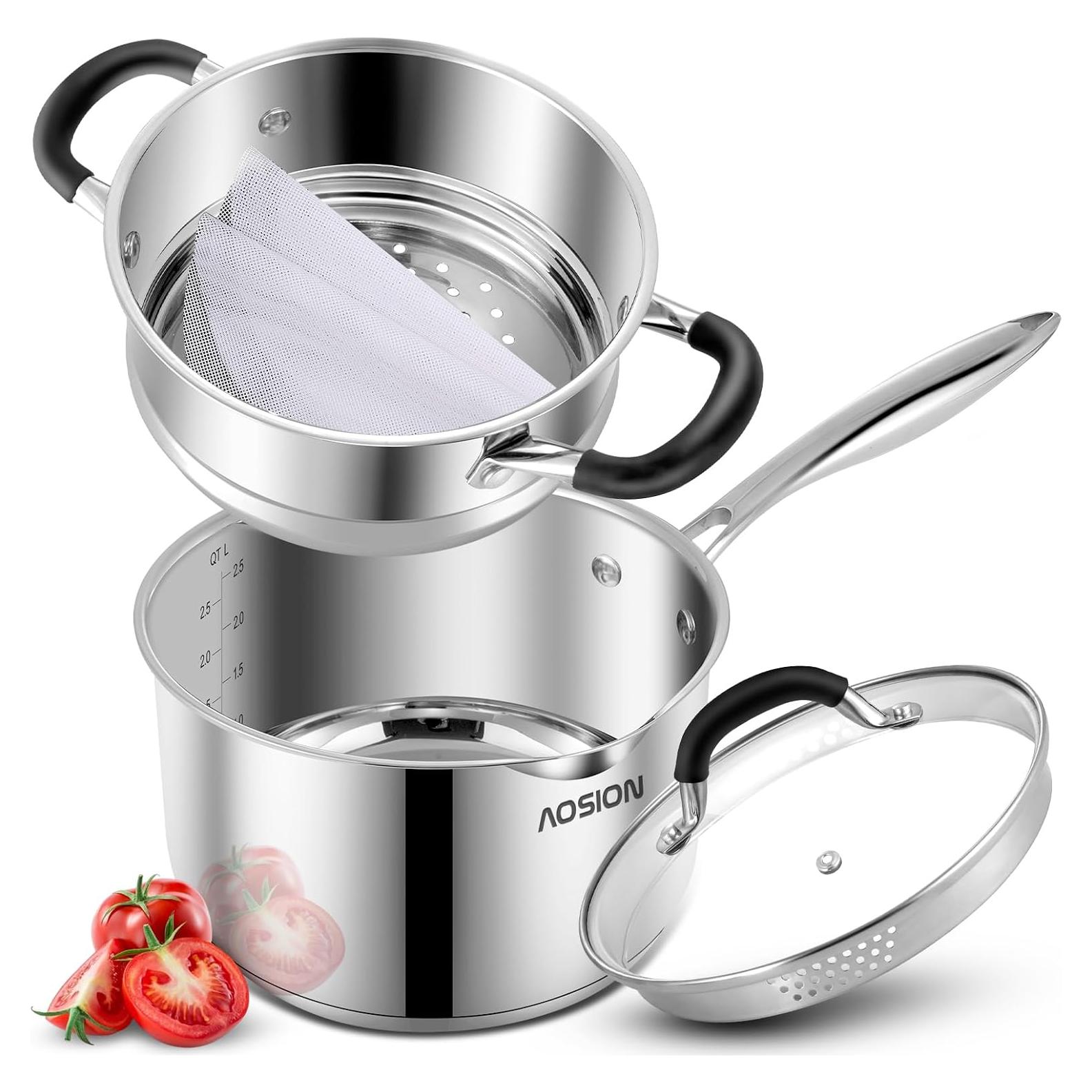 AOSION 2.5 Quart Stainless Steel Saucepan with Steamer Basket,Small Pots for Cooking,Steamer Pan with Pour Spout,Strainer Glass Lid,Perfect For Vegetables Boiling Gravies,Pasta,Noodles