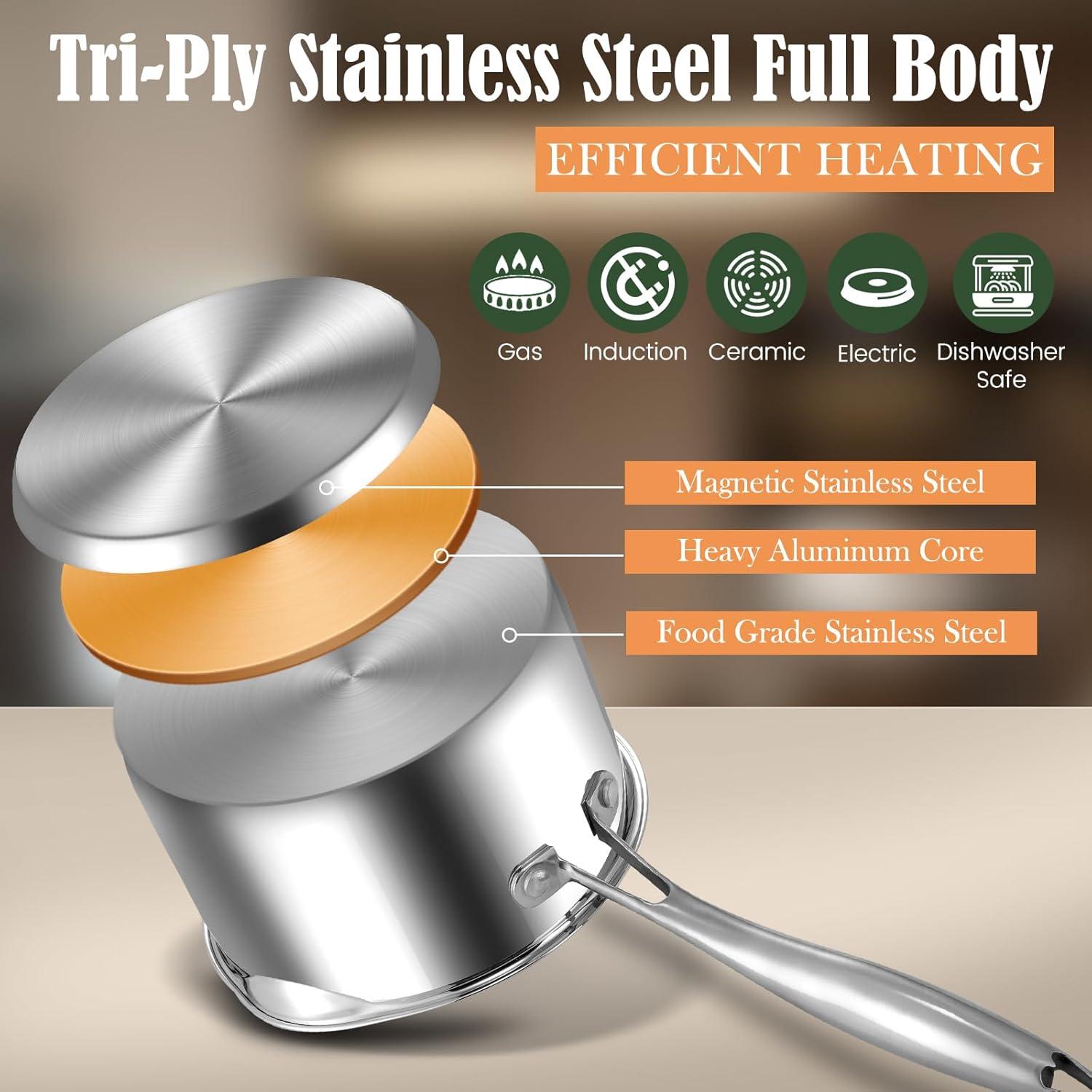 AOSION 2.5 Quart Stainless Steel Saucepan with Steamer Basket,Small Pots for Cooking,Steamer Pan with Pour Spout,Strainer Glass Lid,Perfect For Vegetables Boiling Gravies,Pasta,Noodles