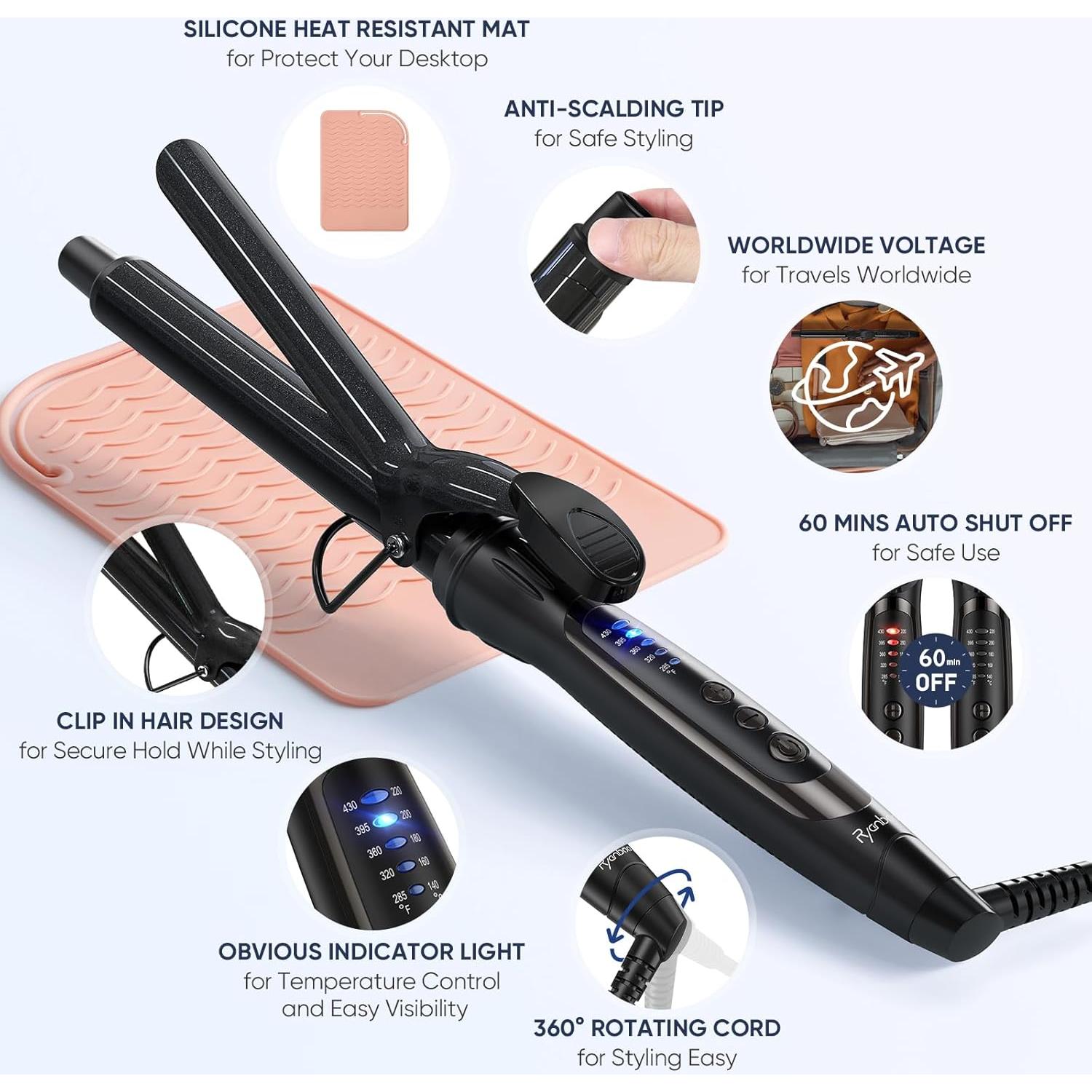 Plancha de Rizar Profesional Ryanboo 0.75" Negra 5 Temperaturas