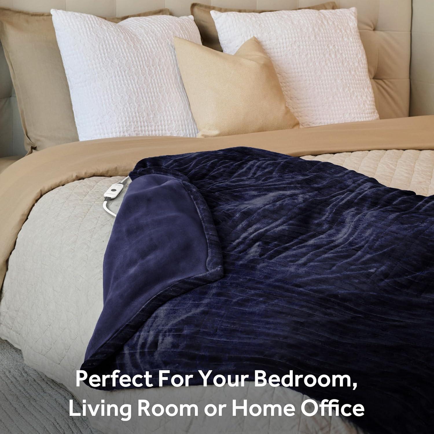 Sunbeam Royal Posh Velvet Heated Throw Electric Blanket, 50" x 60", 4 Heat Settings, 4-Hour Auto Shut-Off, Warming Throw for Couch, Fast Heating, Machine Washable, Warm and Cozy, Ribbed Admiral Blue