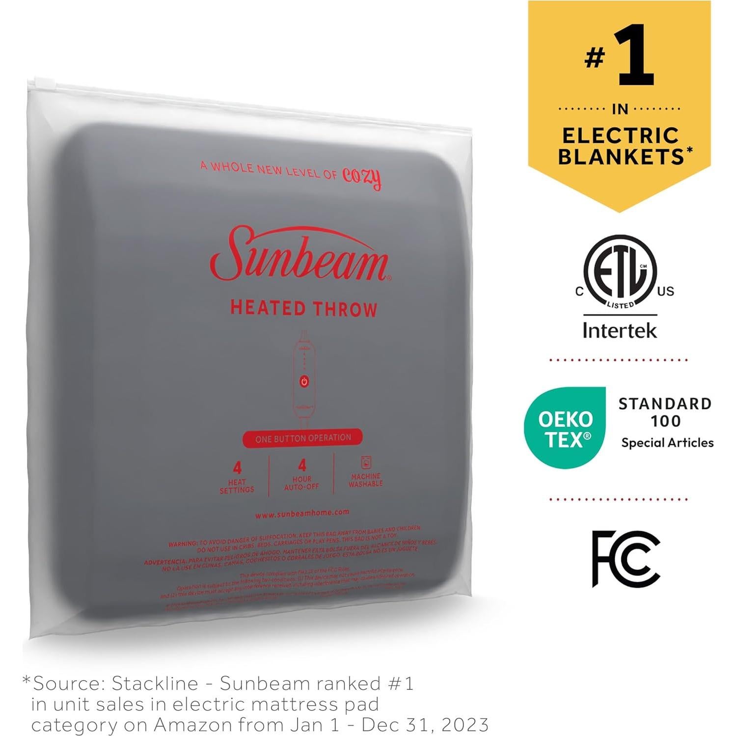 Sunbeam Royal Posh Velvet Heated Throw Electric Blanket, 50" x 60", 4 Heat Settings, 4-Hour Auto Shut-Off, Warming Throw for Couch, Fast Heating, Machine Washable, Warm and Cozy, Ribbed Admiral Blue