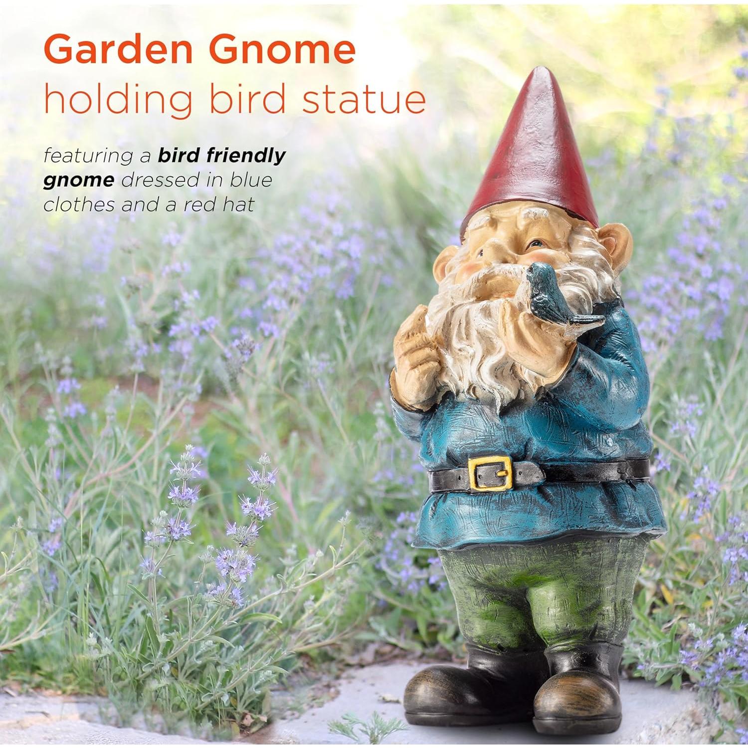 Estatua Gnomo Jardín Alpine 30 cm Sosteniendo Pájaro