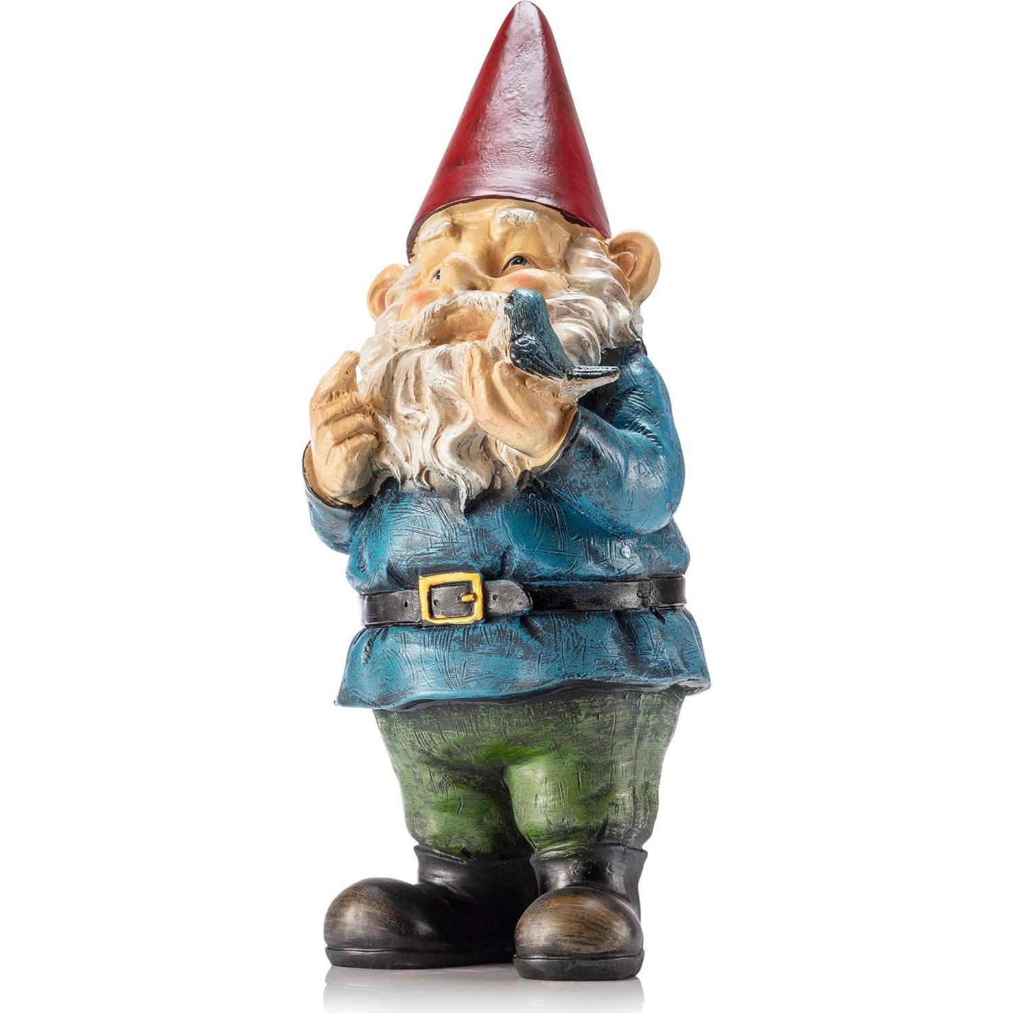Estatua Gnomo Jardín Alpine 30 cm Sosteniendo Pájaro
