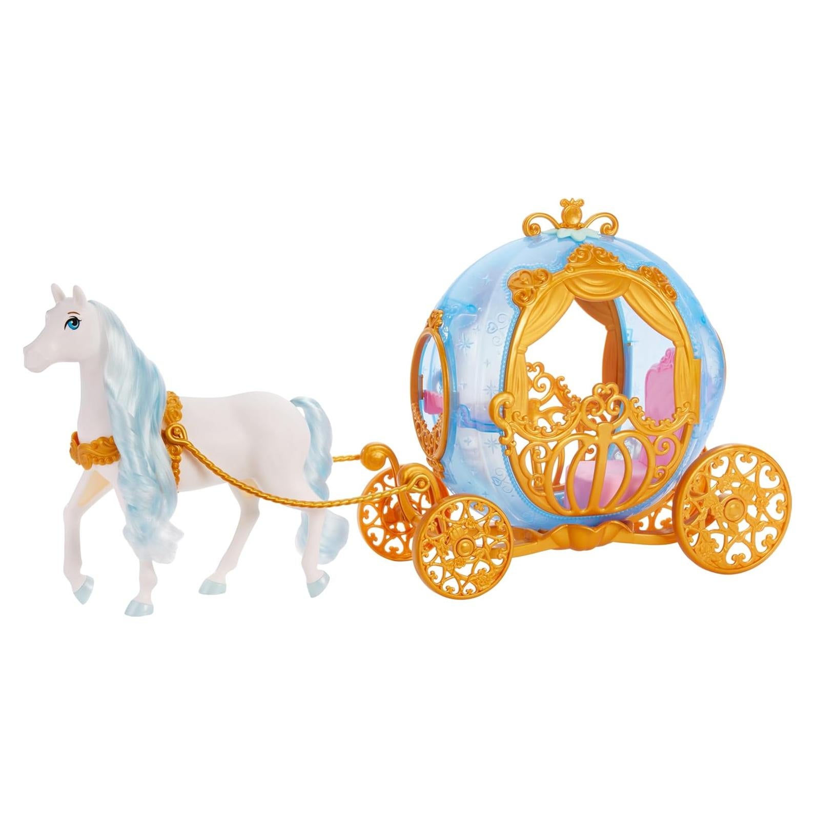 Mattel Disney Princess Toys, Cinderella’s Rolling Carriage, Fashion Doll-Sized with White Horse Featuring Brushable Mane & Tail, Inspired by The Movie