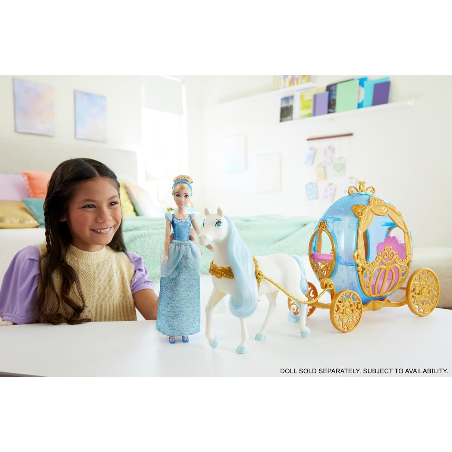 Mattel Disney Princess Toys, Cinderella’s Rolling Carriage, Fashion Doll-Sized with White Horse Featuring Brushable Mane & Tail, Inspired by The Movie