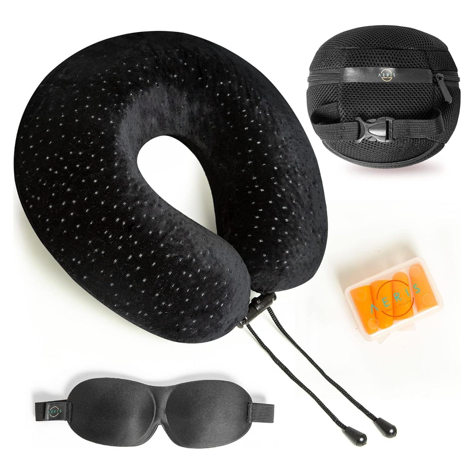 Memory Foam Travel Pillow for Airplanes - Best Airplane Neck Pillow for Long Flights - Plane Accessories Carry Bag to Save Space, Ear Plugs and Eye Mask - Perfect Flight Set & Gift