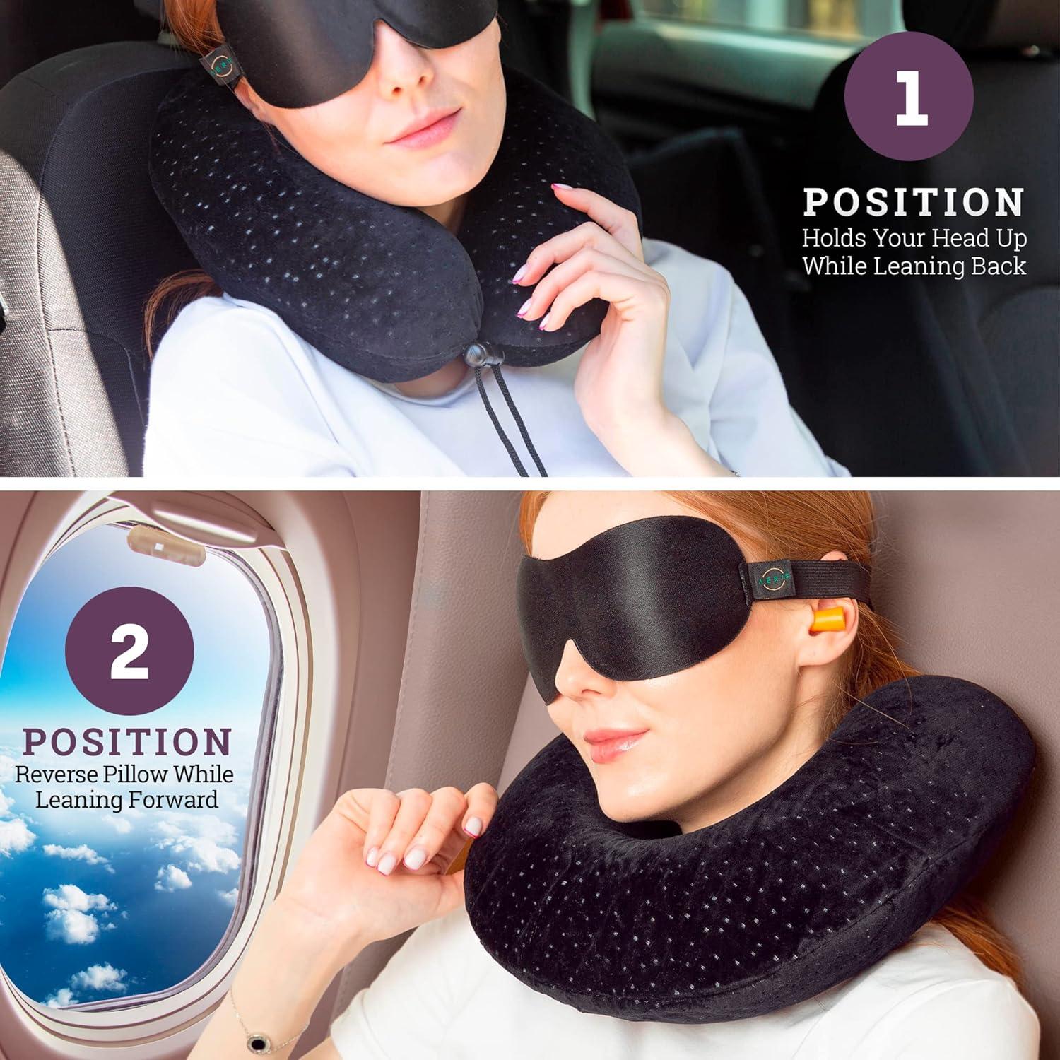 Memory Foam Travel Pillow for Airplanes - Best Airplane Neck Pillow for Long Flights - Plane Accessories Carry Bag to Save Space, Ear Plugs and Eye Mask - Perfect Flight Set & Gift