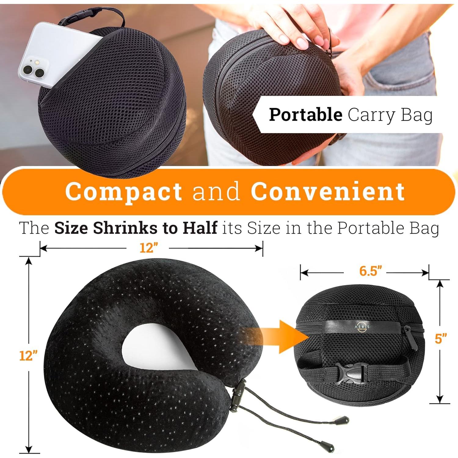 Memory Foam Travel Pillow for Airplanes - Best Airplane Neck Pillow for Long Flights - Plane Accessories Carry Bag to Save Space, Ear Plugs and Eye Mask - Perfect Flight Set & Gift