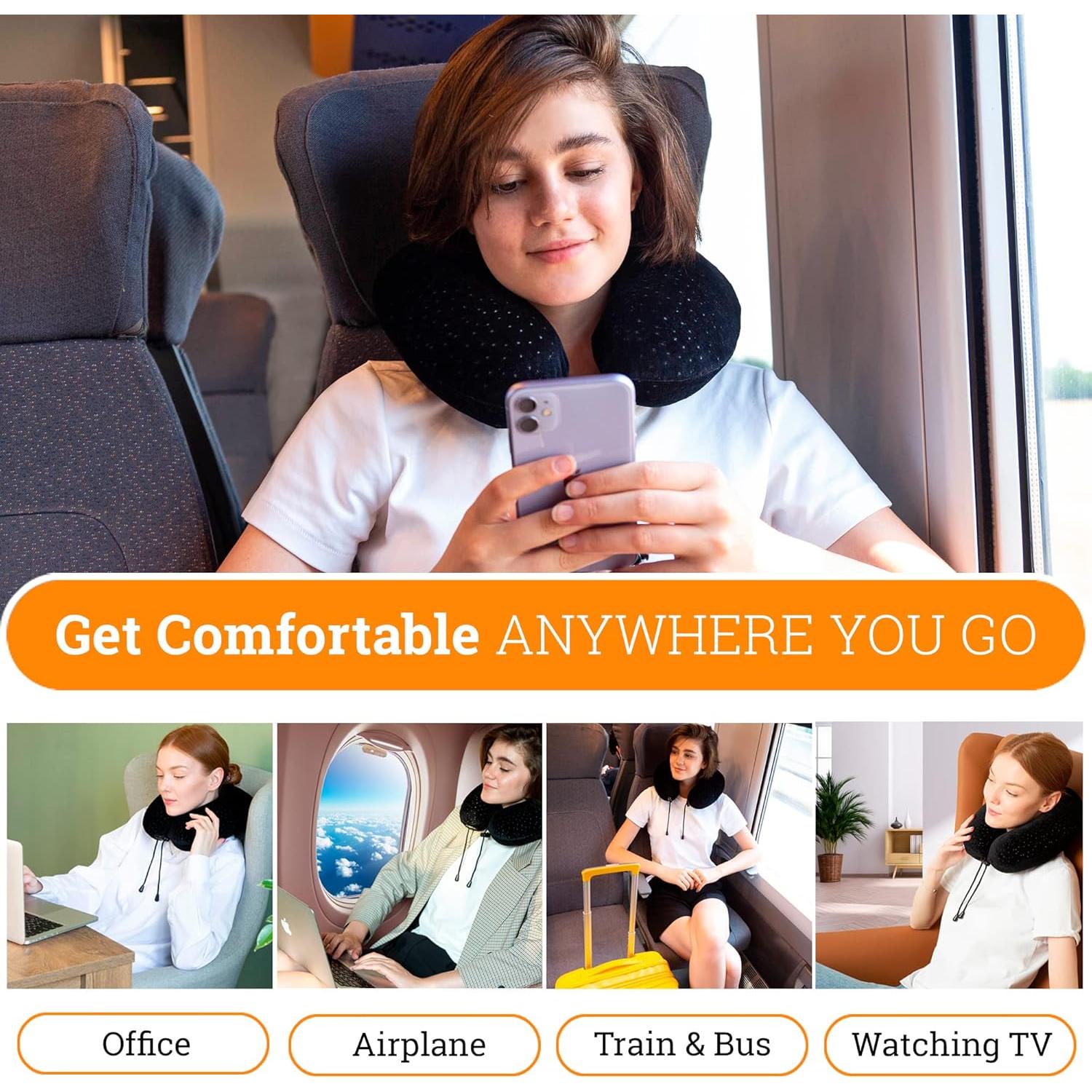 Memory Foam Travel Pillow for Airplanes - Best Airplane Neck Pillow for Long Flights - Plane Accessories Carry Bag to Save Space, Ear Plugs and Eye Mask - Perfect Flight Set & Gift