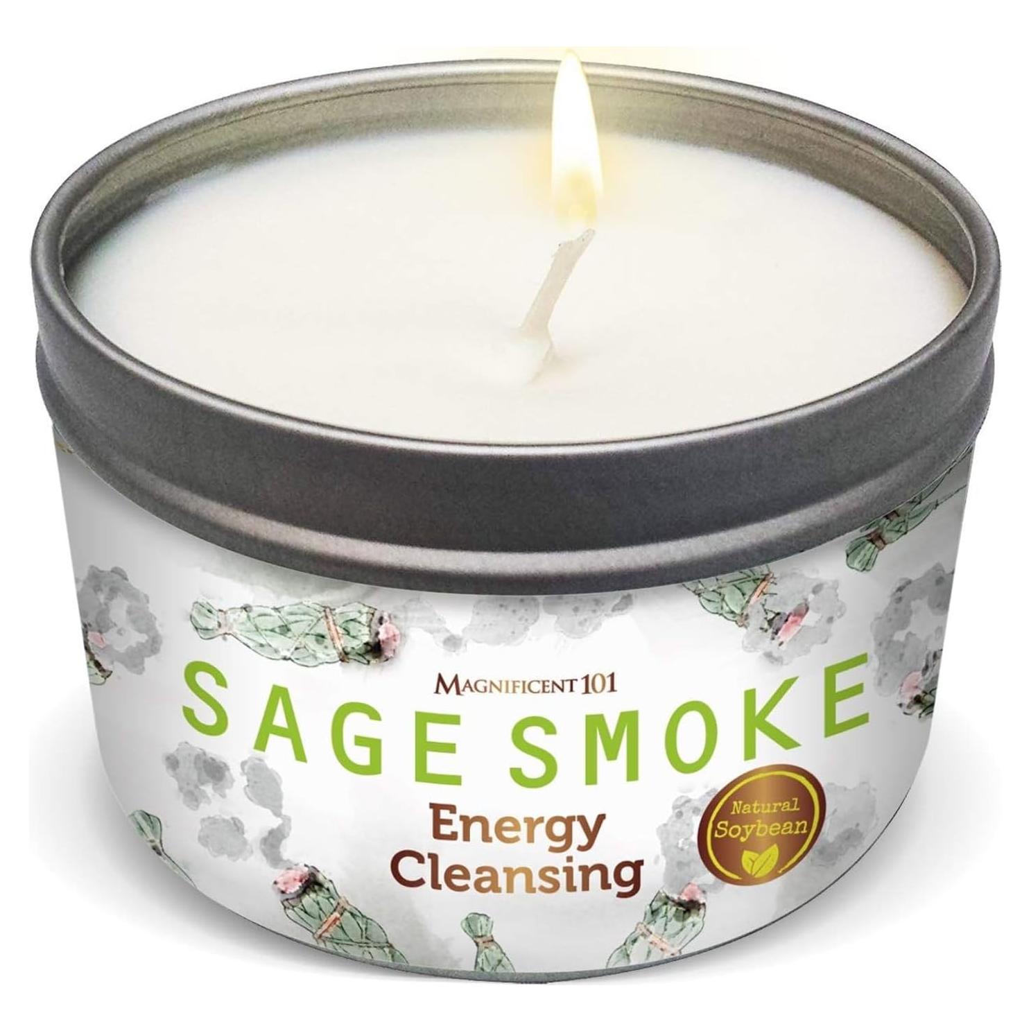 Magnificent 101 Long Lasting Pure White Sage Smoke Smudge Candle | 6 Oz - 35 Hour Burn | Made of Soy Wax for House Energy Cleansing Purification, Chakra Healing & Manifestation