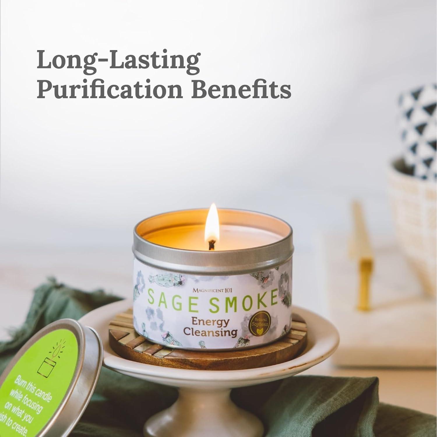 Magnificent 101 Long Lasting Pure White Sage Smoke Smudge Candle | 6 Oz - 35 Hour Burn | Made of Soy Wax for House Energy Cleansing Purification, Chakra Healing & Manifestation