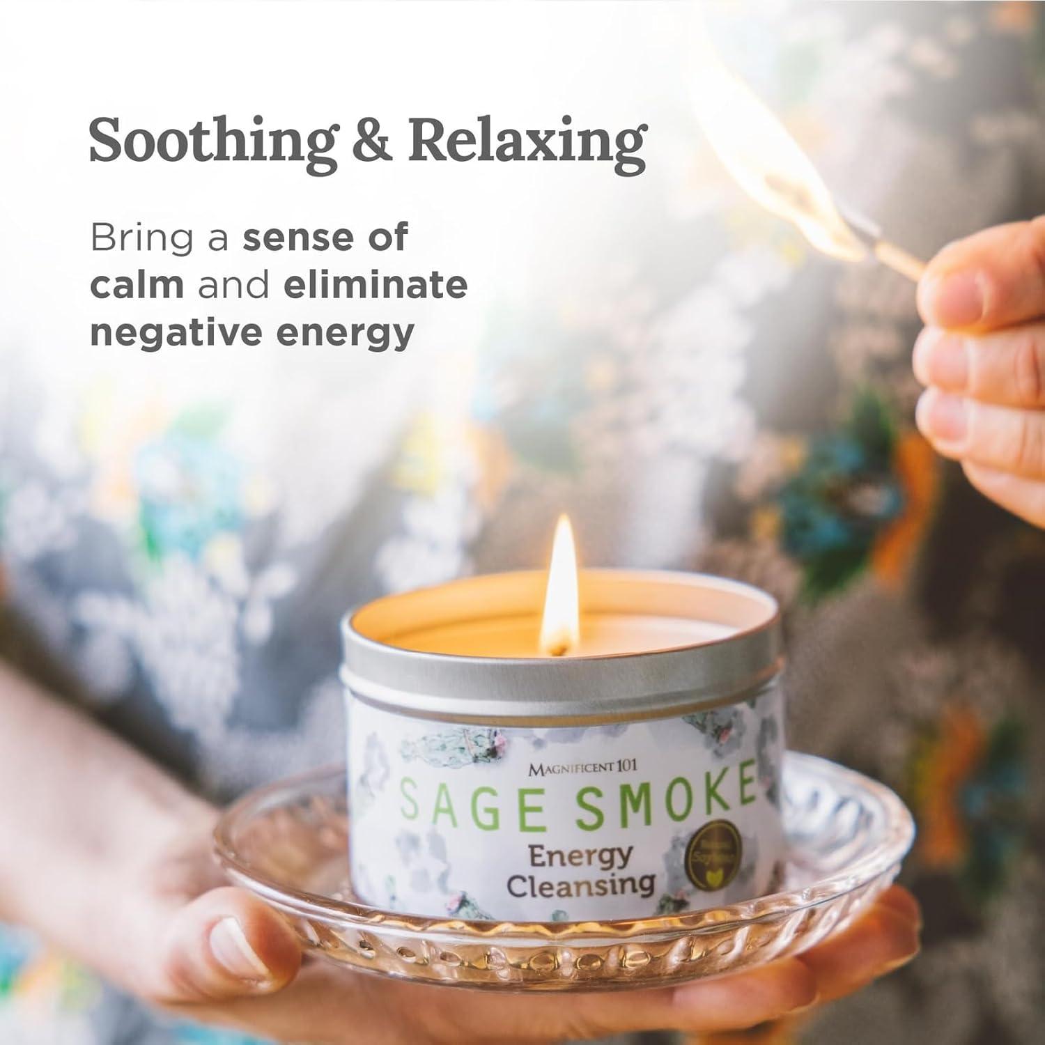 Magnificent 101 Long Lasting Pure White Sage Smoke Smudge Candle | 6 Oz - 35 Hour Burn | Made of Soy Wax for House Energy Cleansing Purification, Chakra Healing & Manifestation