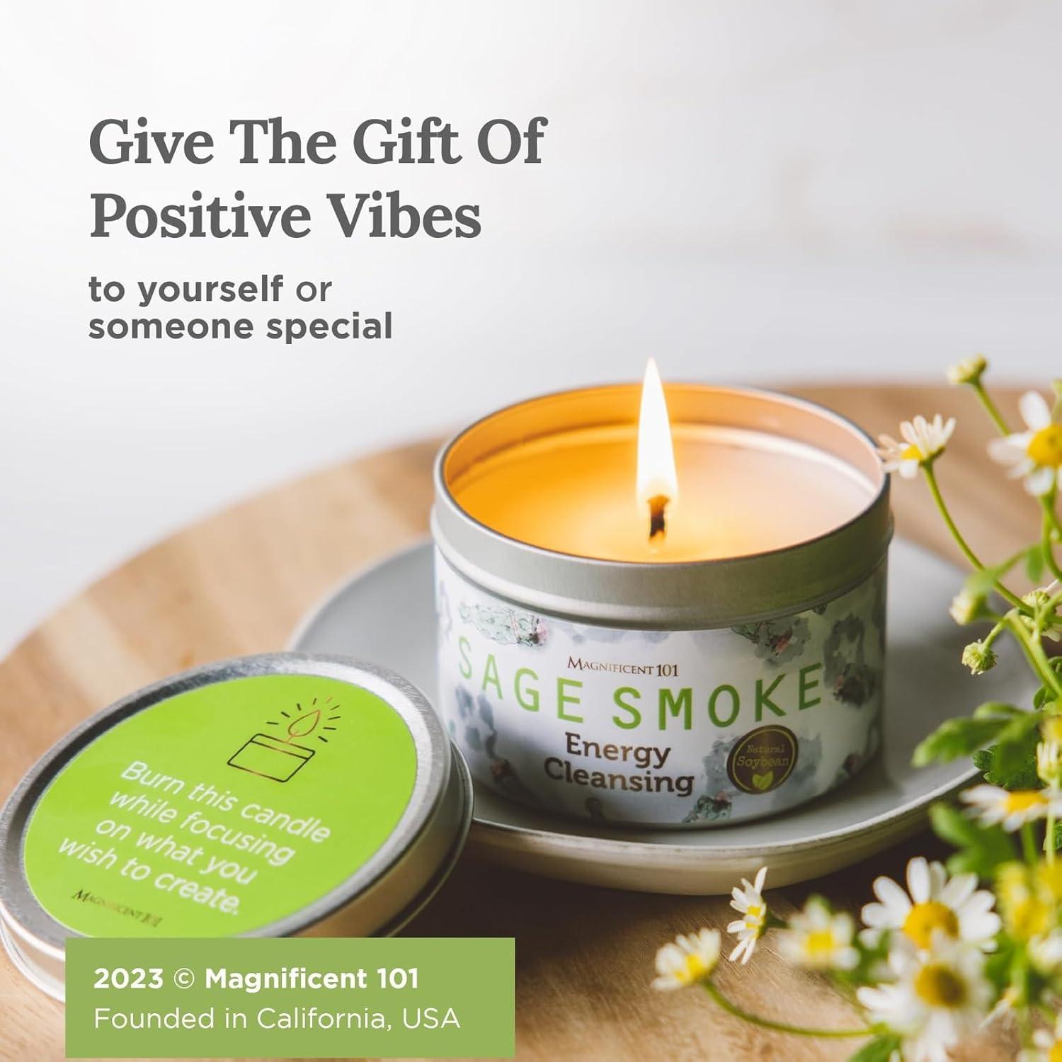 Magnificent 101 Long Lasting Pure White Sage Smoke Smudge Candle | 6 Oz - 35 Hour Burn | Made of Soy Wax for House Energy Cleansing Purification, Chakra Healing & Manifestation