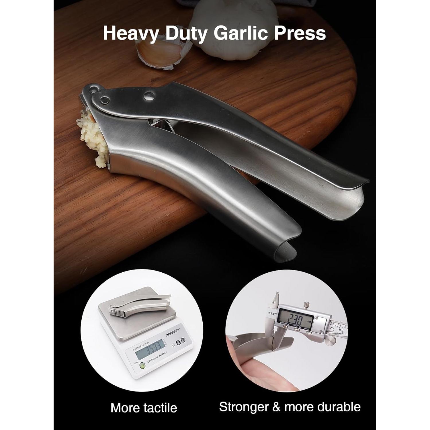 Garlic Press, No Peel Garlic Press with Ergonomic Handle, Heavy Duty Rust-Proof Garlic Mincer, Dishwasher Safe, Professional Garlic Crusher, 5-Year Warranty
