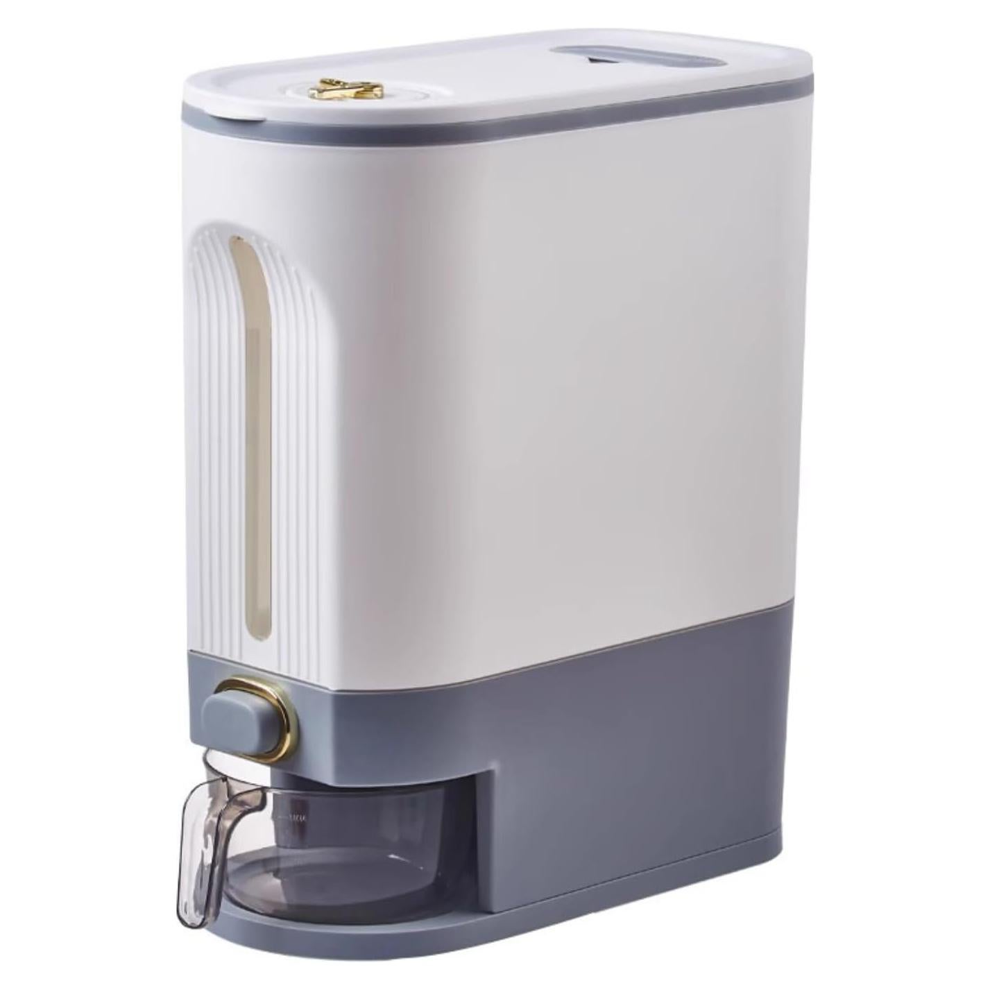 22Lbs Rice Dispenser, Cereal Containers Storage with Lid Sealed Moisture Proof, Cereal Dispenser with Measuring Cup and Time Dial, BPA Free, For Soy Corn, Grain Dry Foods(Grayish White)