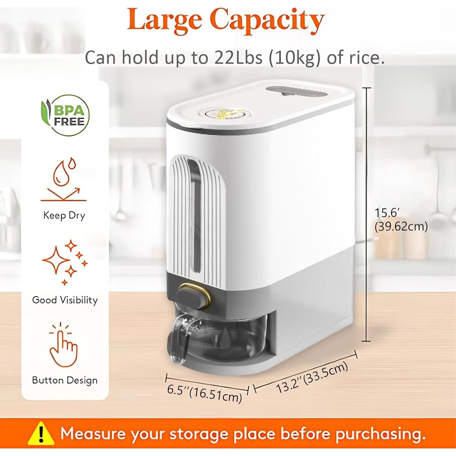 22Lbs Rice Dispenser, Cereal Containers Storage with Lid Sealed Moisture Proof, Cereal Dispenser with Measuring Cup and Time Dial, BPA Free, For Soy Corn, Grain Dry Foods(Grayish White)