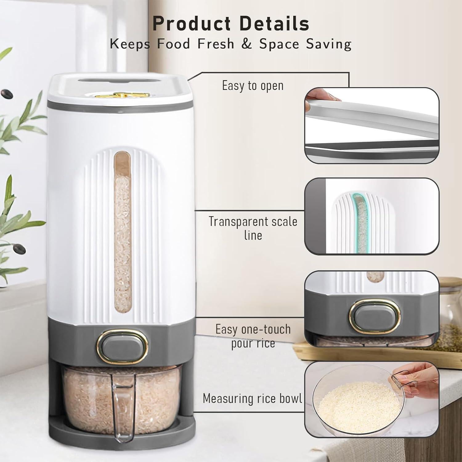 22Lbs Rice Dispenser, Cereal Containers Storage with Lid Sealed Moisture Proof, Cereal Dispenser with Measuring Cup and Time Dial, BPA Free, For Soy Corn, Grain Dry Foods(Grayish White)
