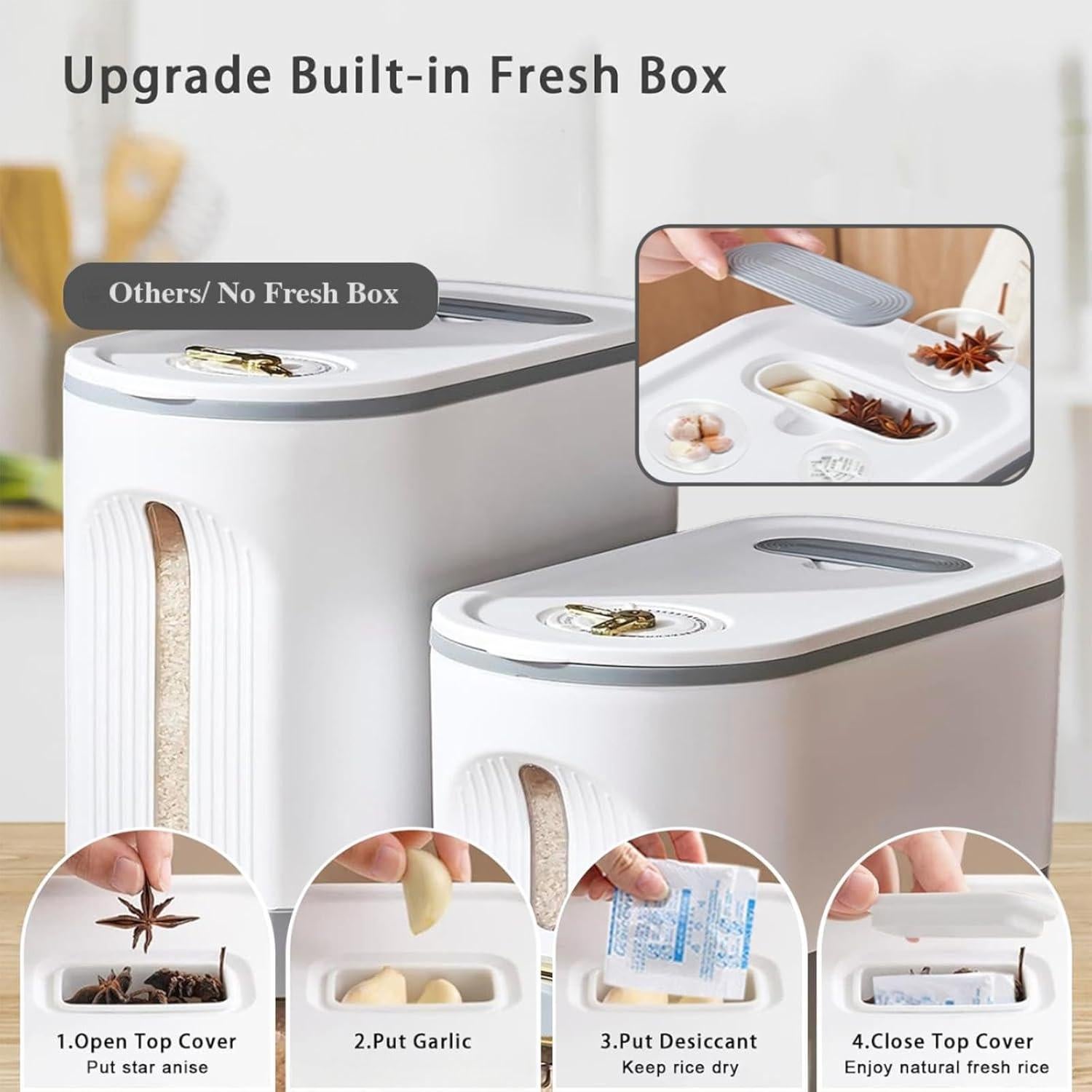 22Lbs Rice Dispenser, Cereal Containers Storage with Lid Sealed Moisture Proof, Cereal Dispenser with Measuring Cup and Time Dial, BPA Free, For Soy Corn, Grain Dry Foods(Grayish White)