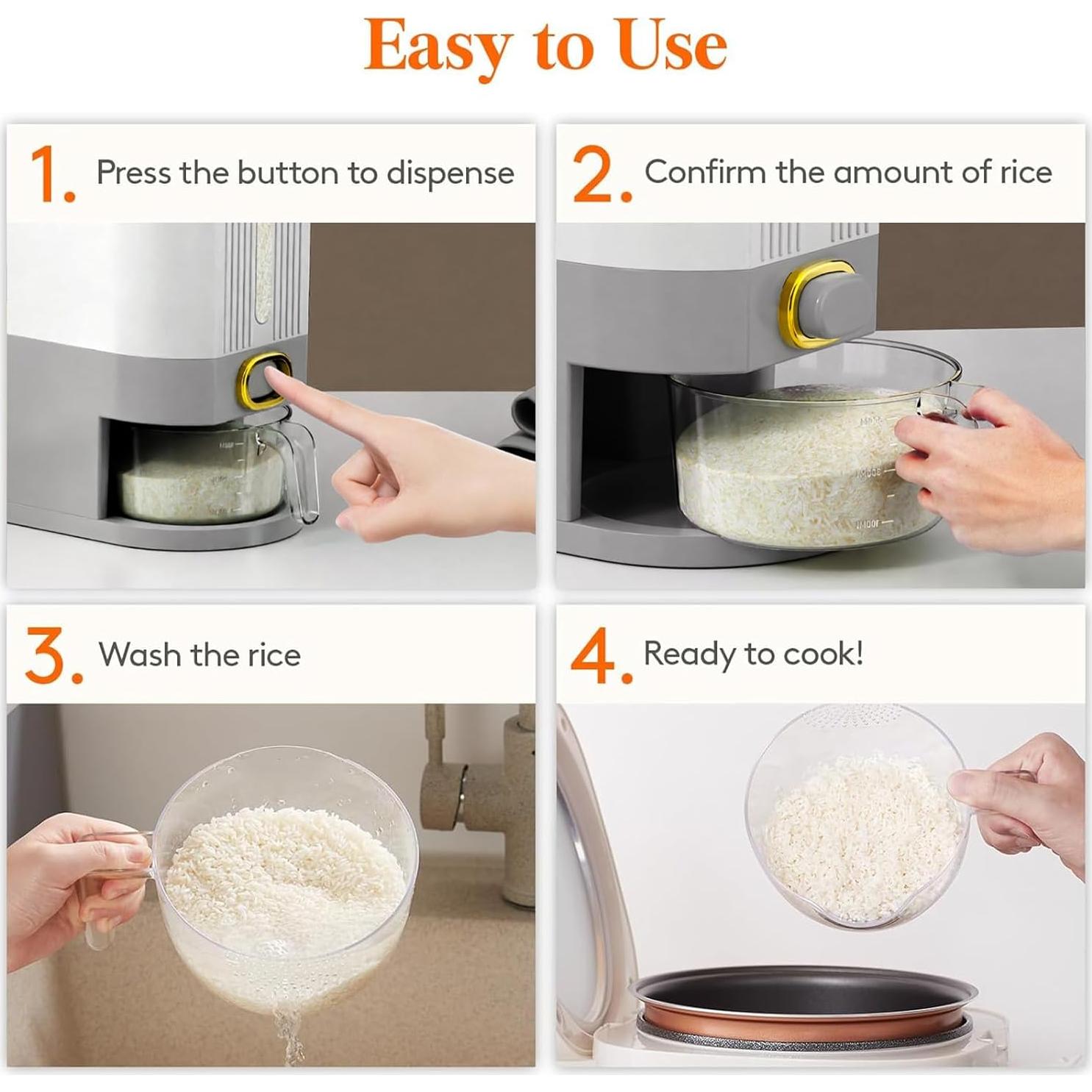 22Lbs Rice Dispenser, Cereal Containers Storage with Lid Sealed Moisture Proof, Cereal Dispenser with Measuring Cup and Time Dial, BPA Free, For Soy Corn, Grain Dry Foods(Grayish White)