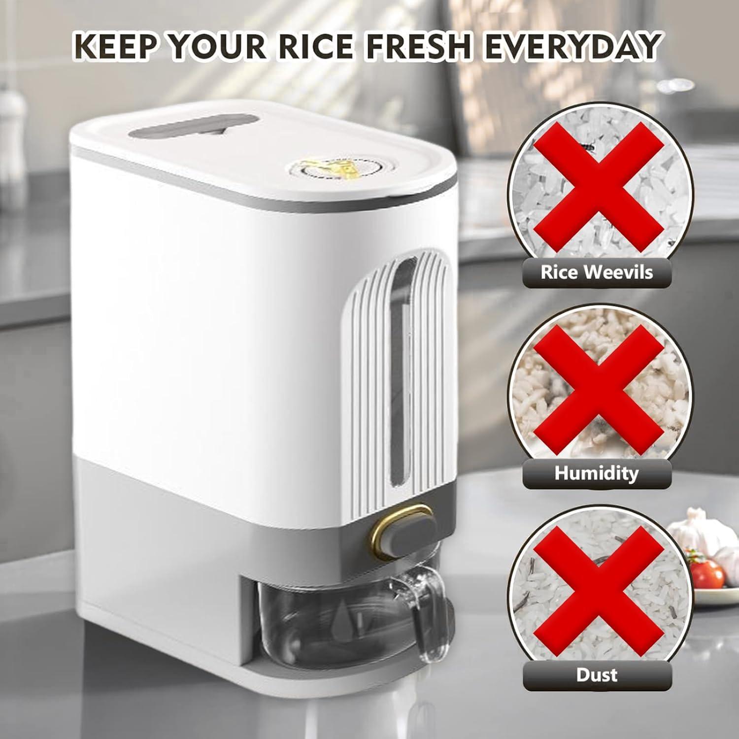 22Lbs Rice Dispenser, Cereal Containers Storage with Lid Sealed Moisture Proof, Cereal Dispenser with Measuring Cup and Time Dial, BPA Free, For Soy Corn, Grain Dry Foods(Grayish White)