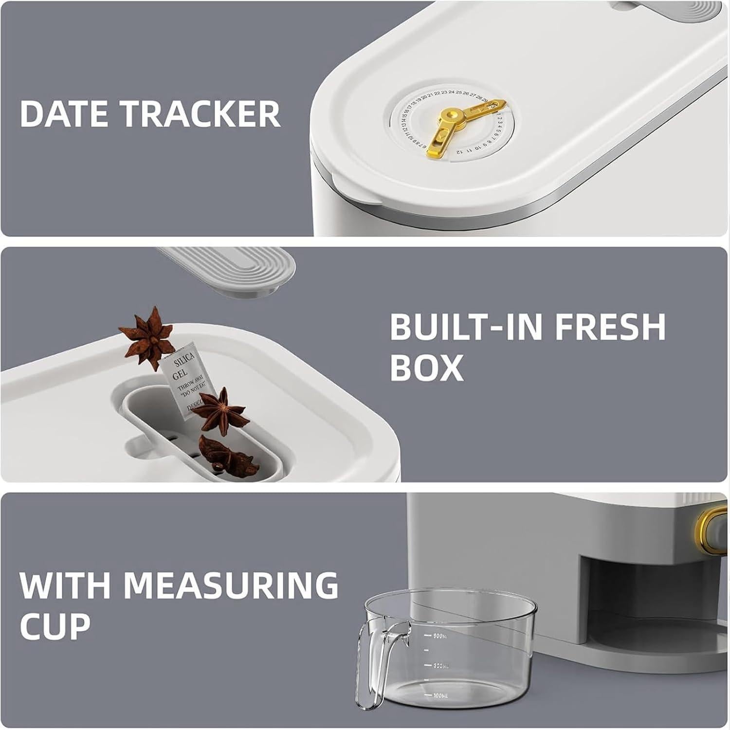 22Lbs Rice Dispenser, Cereal Containers Storage with Lid Sealed Moisture Proof, Cereal Dispenser with Measuring Cup and Time Dial, BPA Free, For Soy Corn, Grain Dry Foods(Grayish White)