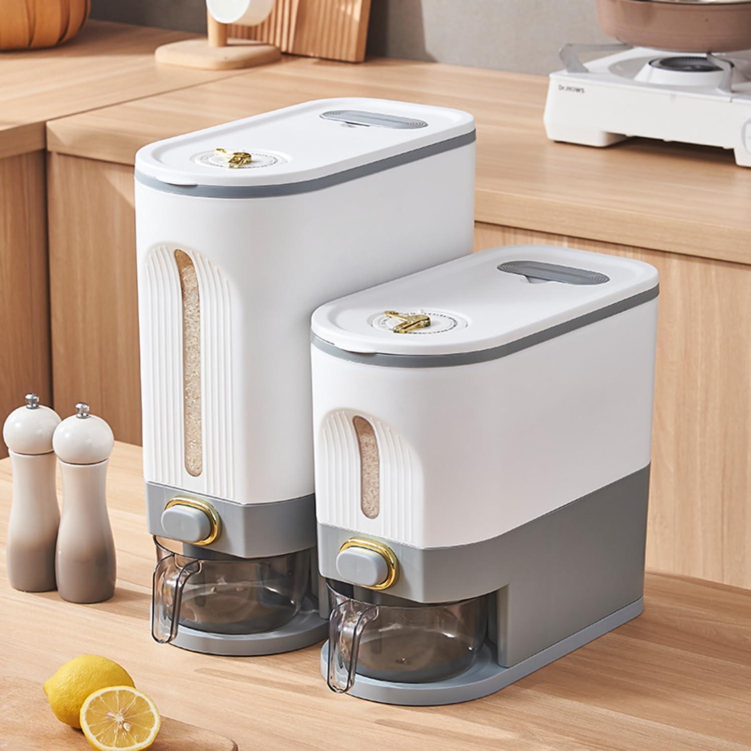 22Lbs Rice Dispenser, Cereal Containers Storage with Lid Sealed Moisture Proof, Cereal Dispenser with Measuring Cup and Time Dial, BPA Free, For Soy Corn, Grain Dry Foods(Grayish White)