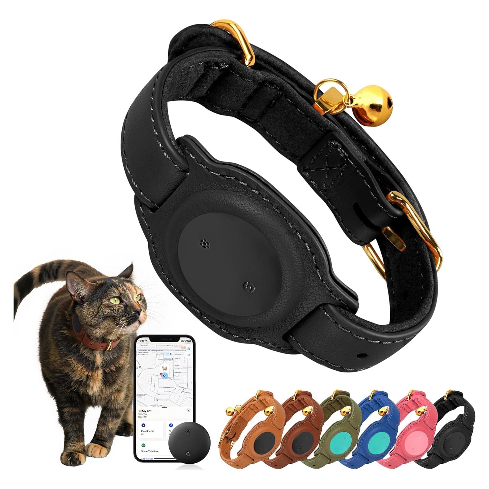 Rastreador GPS para Gatos Jowlroel con Collar de Cuero Negro
