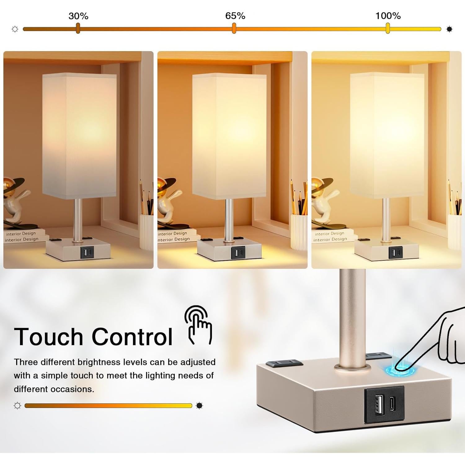 Lámpara de Mesa Táctil Aooshine Blanca y Dorada con USB