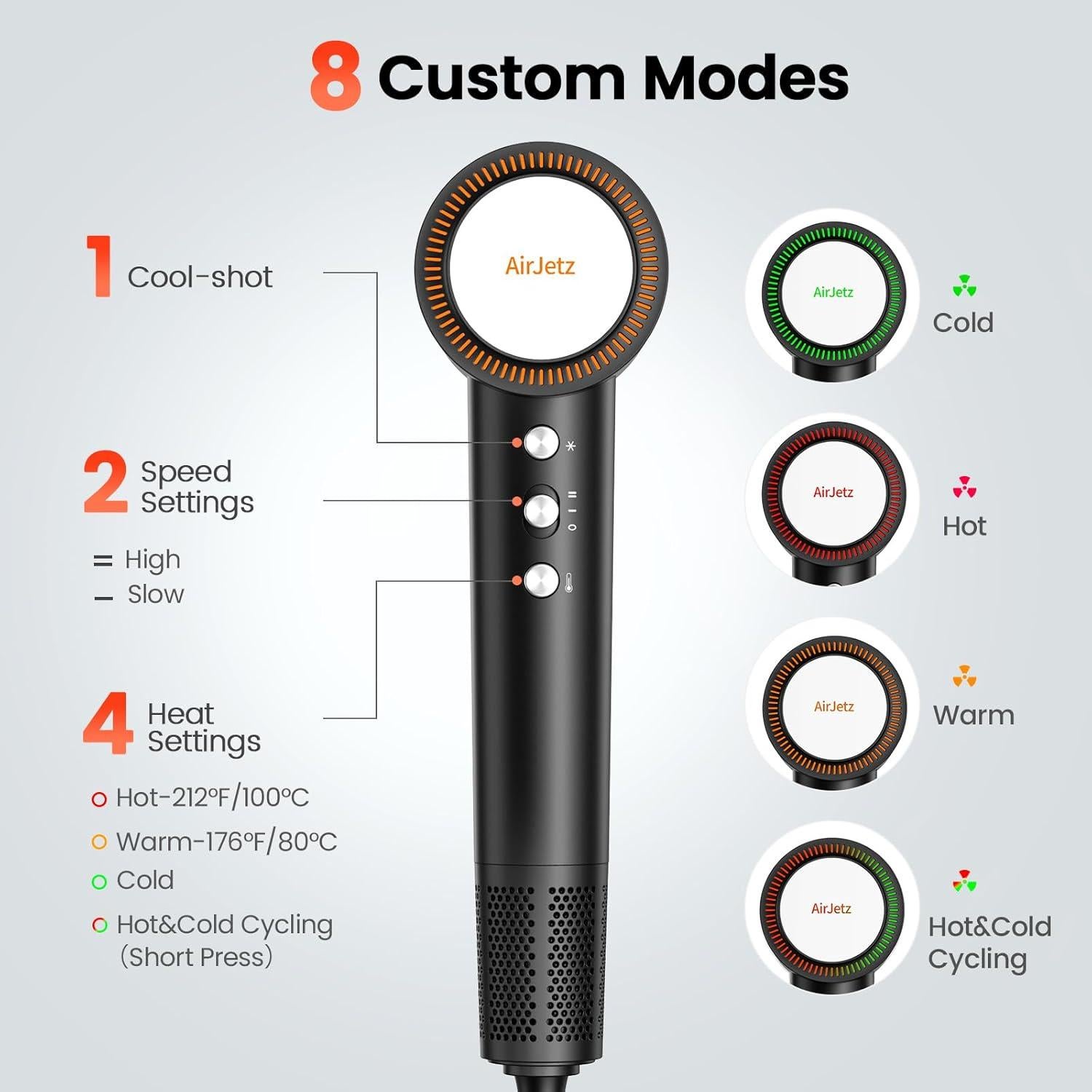 Secador de Pelo Iónico AirJetz 160,000 RPM Negro 4 Temperaturas