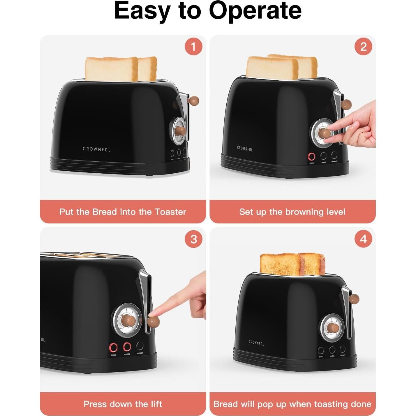 Tostadora CROWNFUL 2 Rebanadas Acero Inoxidable Negra 825W