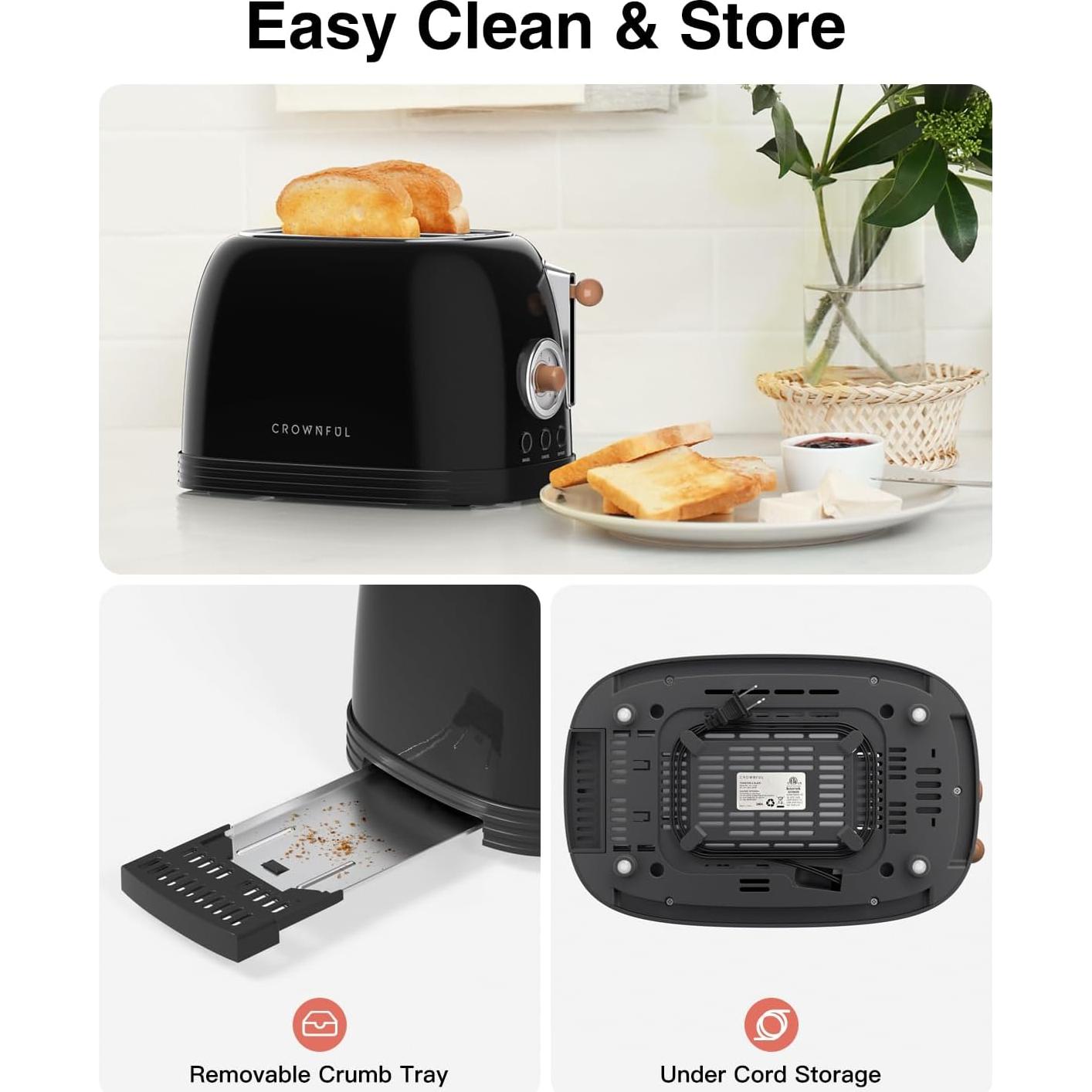 Tostadora CROWNFUL 2 Rebanadas Acero Inoxidable Negra 825W