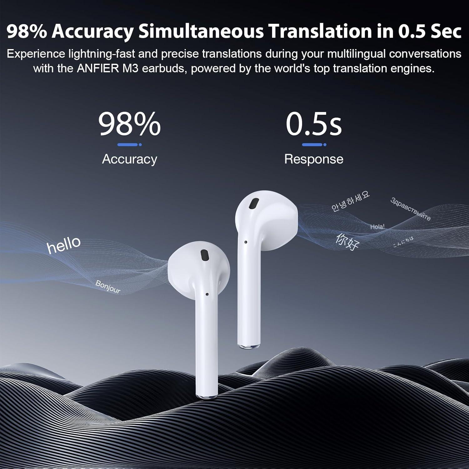Ai Translation Earbuds Real Time 144 Languages & Accents Translator Earbuds with 8-Language Offline Translator Device Two Way, Auriculares de traducción for Language Learning Travel Business White