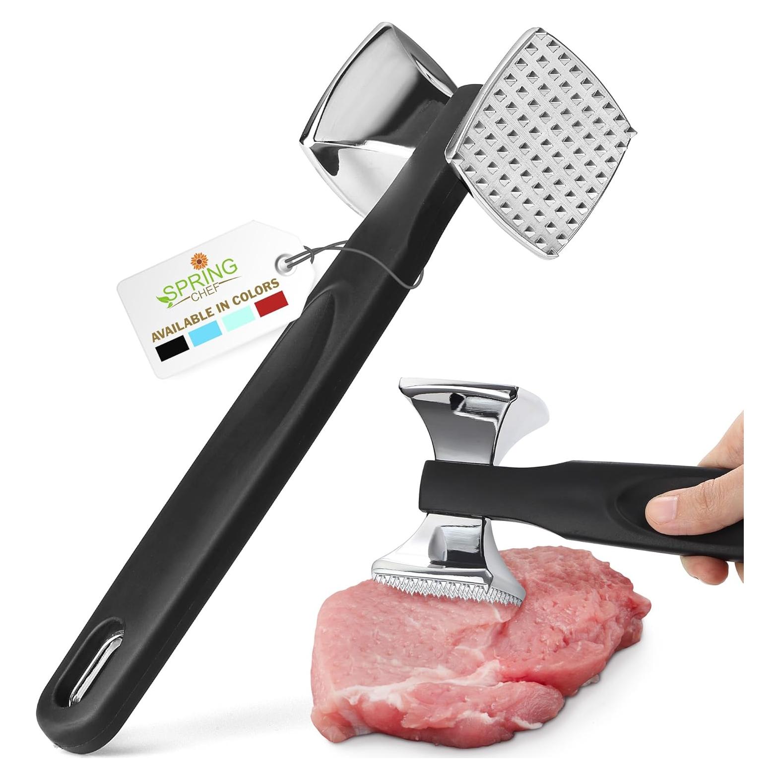 Spring Chef Meat Tenderizer Tool - Heavy Duty Aluminium Chicken Meat Mallet for Cooking - Dual Sided Food Hammer - Kitchen Beater for Steak and Beef - Food Pounder Flattener with Soft Grip Handle