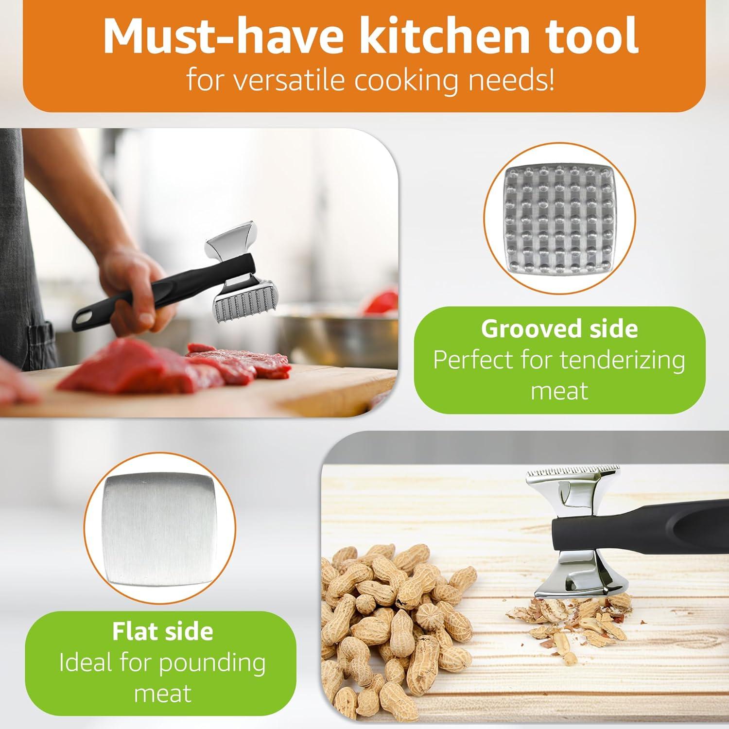 Spring Chef Meat Tenderizer Tool - Heavy Duty Aluminium Chicken Meat Mallet for Cooking - Dual Sided Food Hammer - Kitchen Beater for Steak and Beef - Food Pounder Flattener with Soft Grip Handle