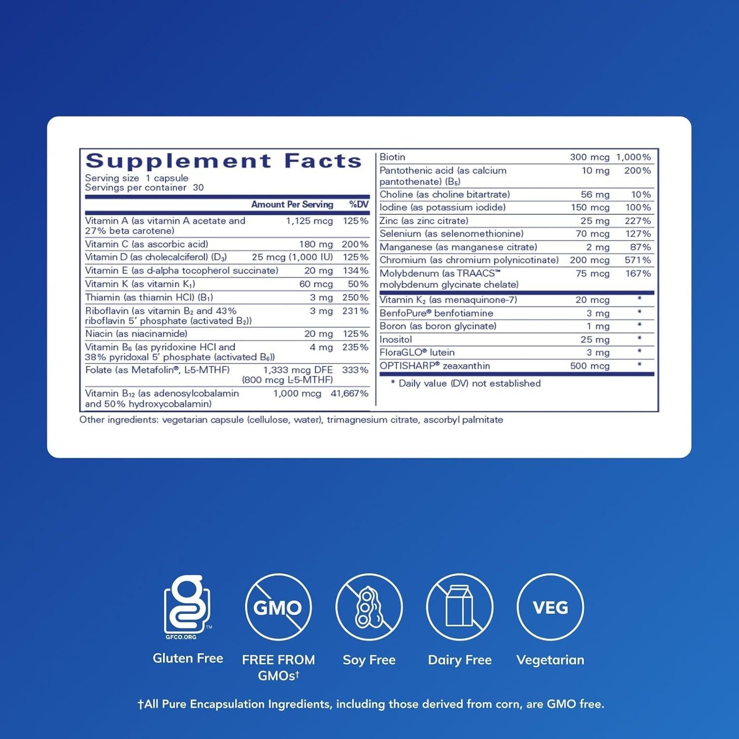 Multivitamínico Pure Encapsulations 30 Cápsulas A, B, C, D, E, K