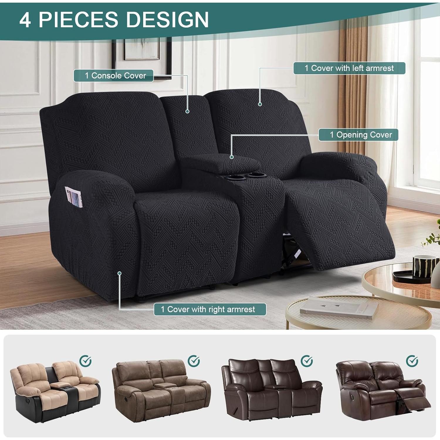 Cubierta de Loveseat Recliner Ruaozz 2 Asientos con Consola Negra