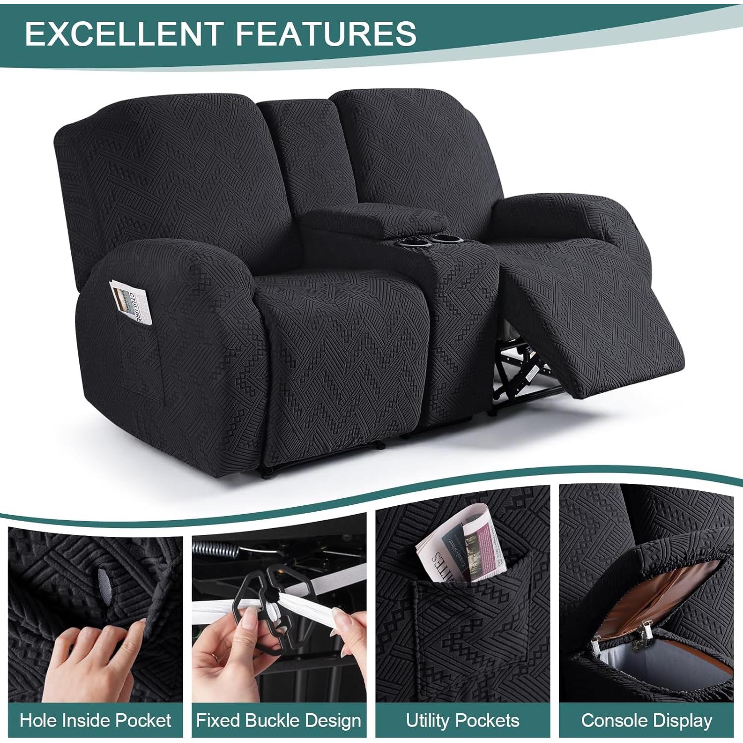 Cubierta de Loveseat Recliner Ruaozz 2 Asientos con Consola Negra