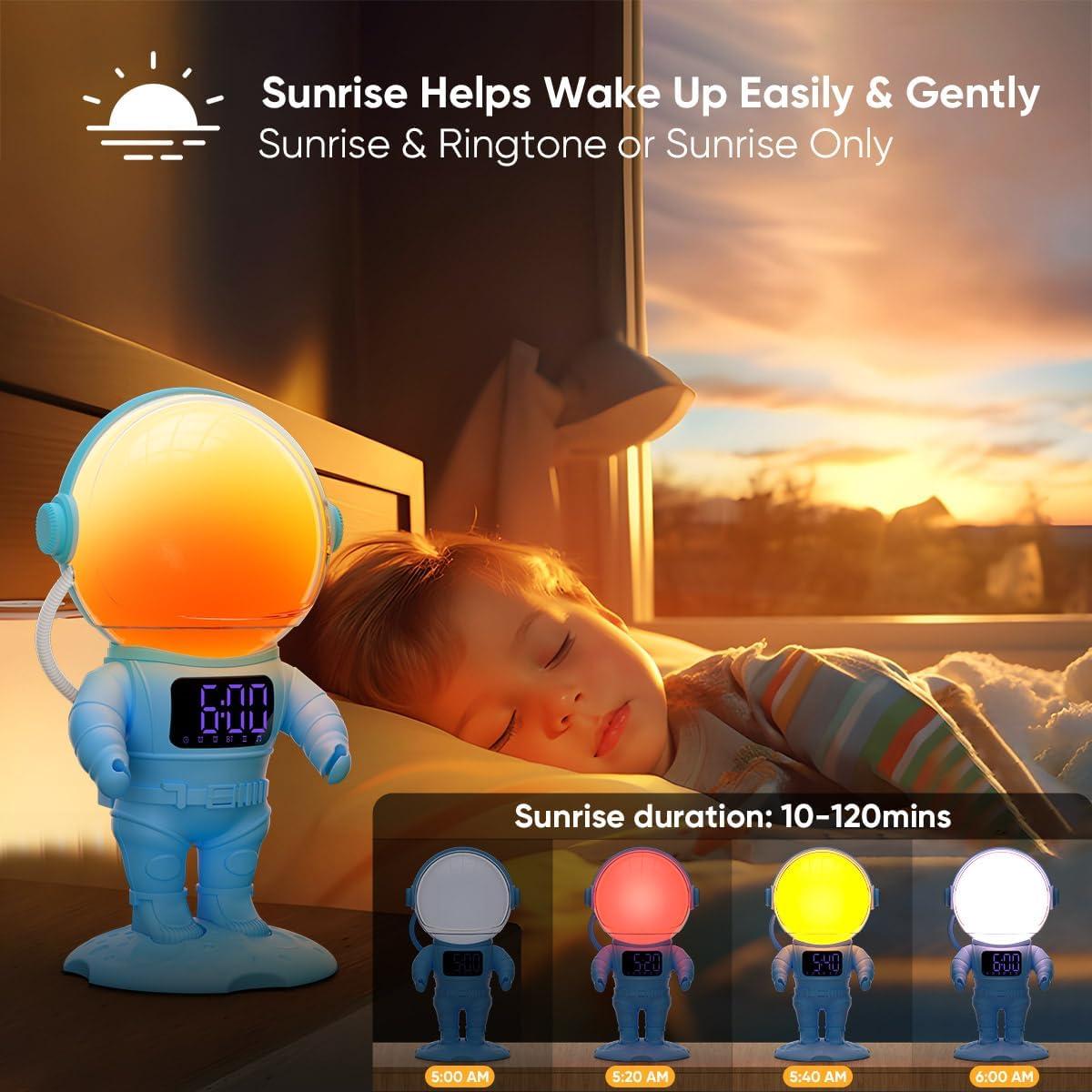 Astronaut Sunrise Alarm Clock for Kids, Heavy Sleepers, Bedroom, White Noise Sound Machine with 30 Soothing Sounds, 22 Dimmable Nightlights, Dual Alarms, Wake Up Light, Gift Idea(Blue+Remote Control)