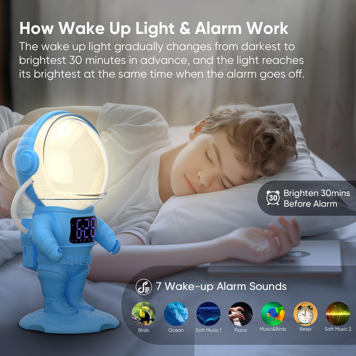 Astronaut Sunrise Alarm Clock for Kids, Heavy Sleepers, Bedroom, White Noise Sound Machine with 30 Soothing Sounds, 22 Dimmable Nightlights, Dual Alarms, Wake Up Light, Gift Idea(Blue+Remote Control)