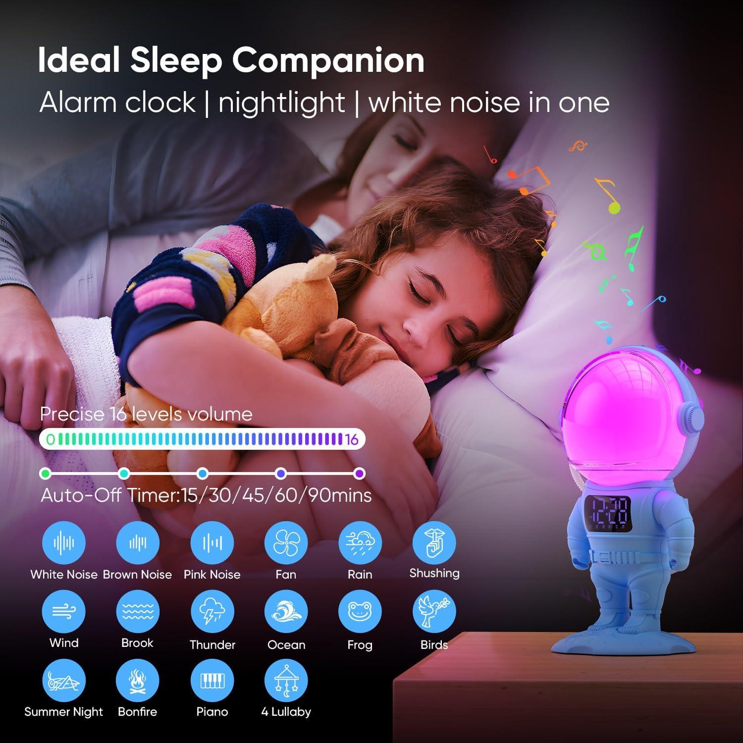 Astronaut Sunrise Alarm Clock for Kids, Heavy Sleepers, Bedroom, White Noise Sound Machine with 30 Soothing Sounds, 22 Dimmable Nightlights, Dual Alarms, Wake Up Light, Gift Idea(Blue+Remote Control)