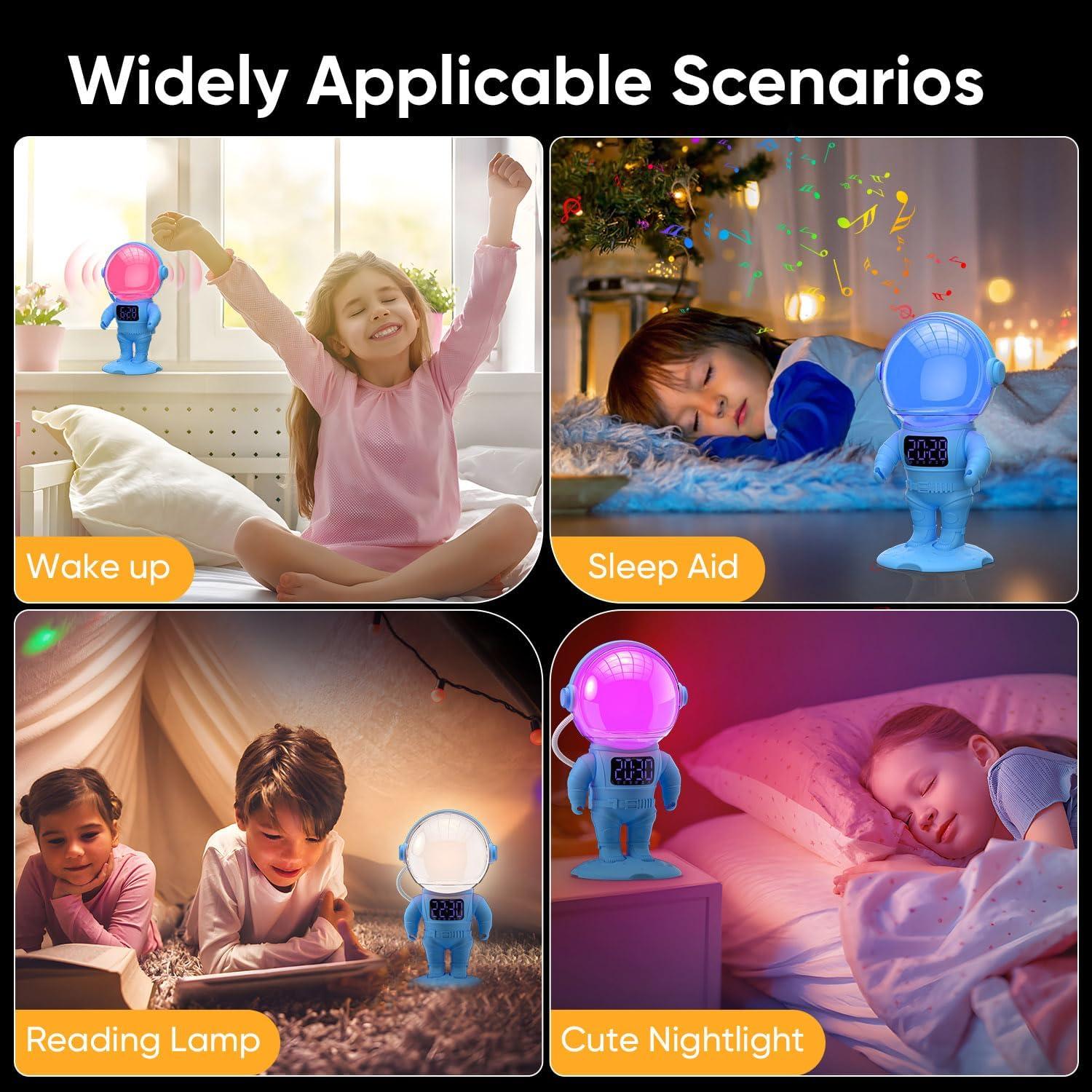 Astronaut Sunrise Alarm Clock for Kids, Heavy Sleepers, Bedroom, White Noise Sound Machine with 30 Soothing Sounds, 22 Dimmable Nightlights, Dual Alarms, Wake Up Light, Gift Idea(Blue+Remote Control)