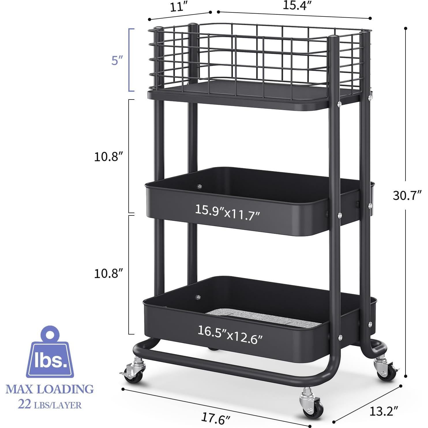 Carro Rodante KINGRACK 3 Niveles Metal Negro con Ruedas