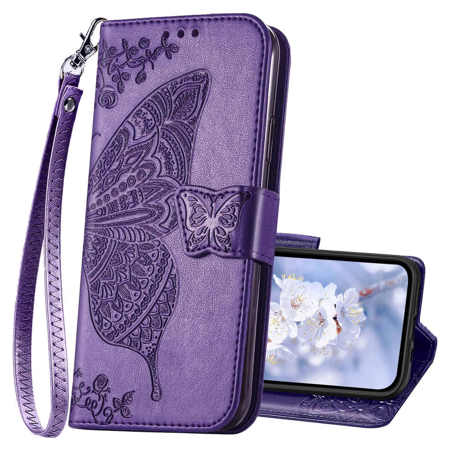 Funda billetera KRHGEIK para iPhone 14 con mariposa púrpura