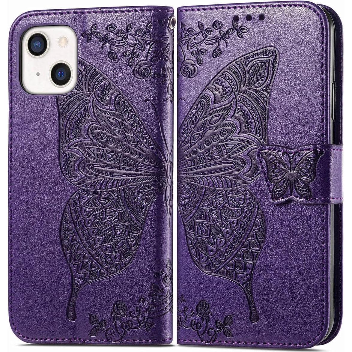 Funda billetera KRHGEIK para iPhone 14 con mariposa púrpura