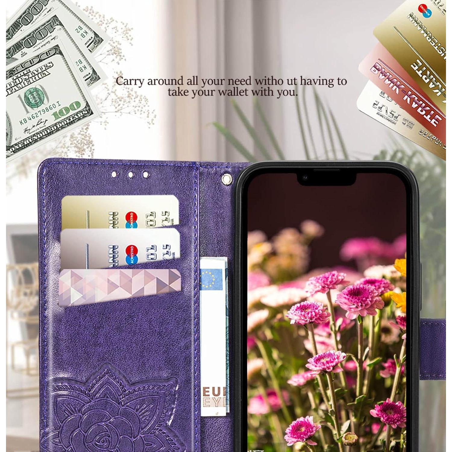 Funda billetera KRHGEIK para iPhone 14 con mariposa púrpura