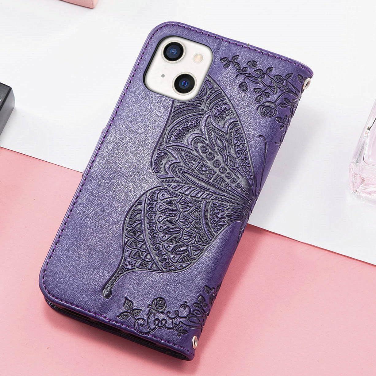 Funda billetera KRHGEIK para iPhone 14 con mariposa púrpura