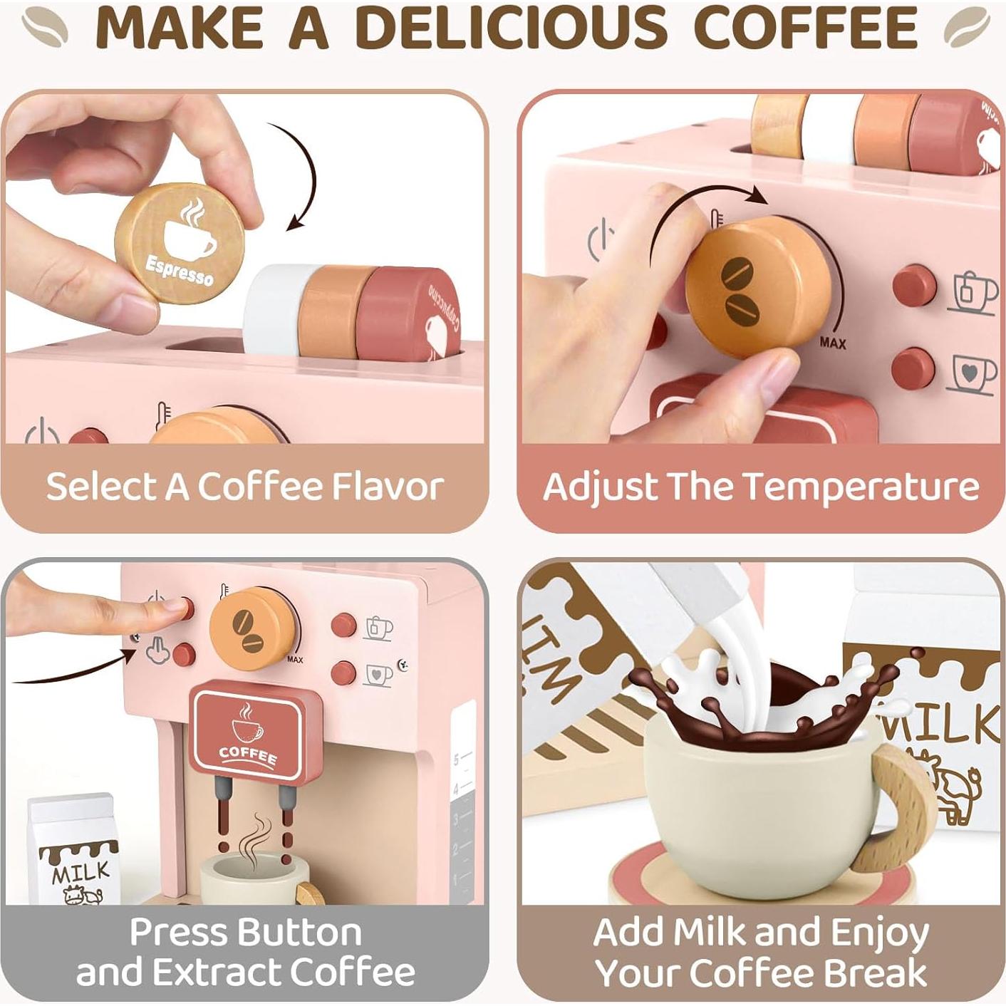 Juego de Café Airlab Rosa para Niños - Cafetera de Madera