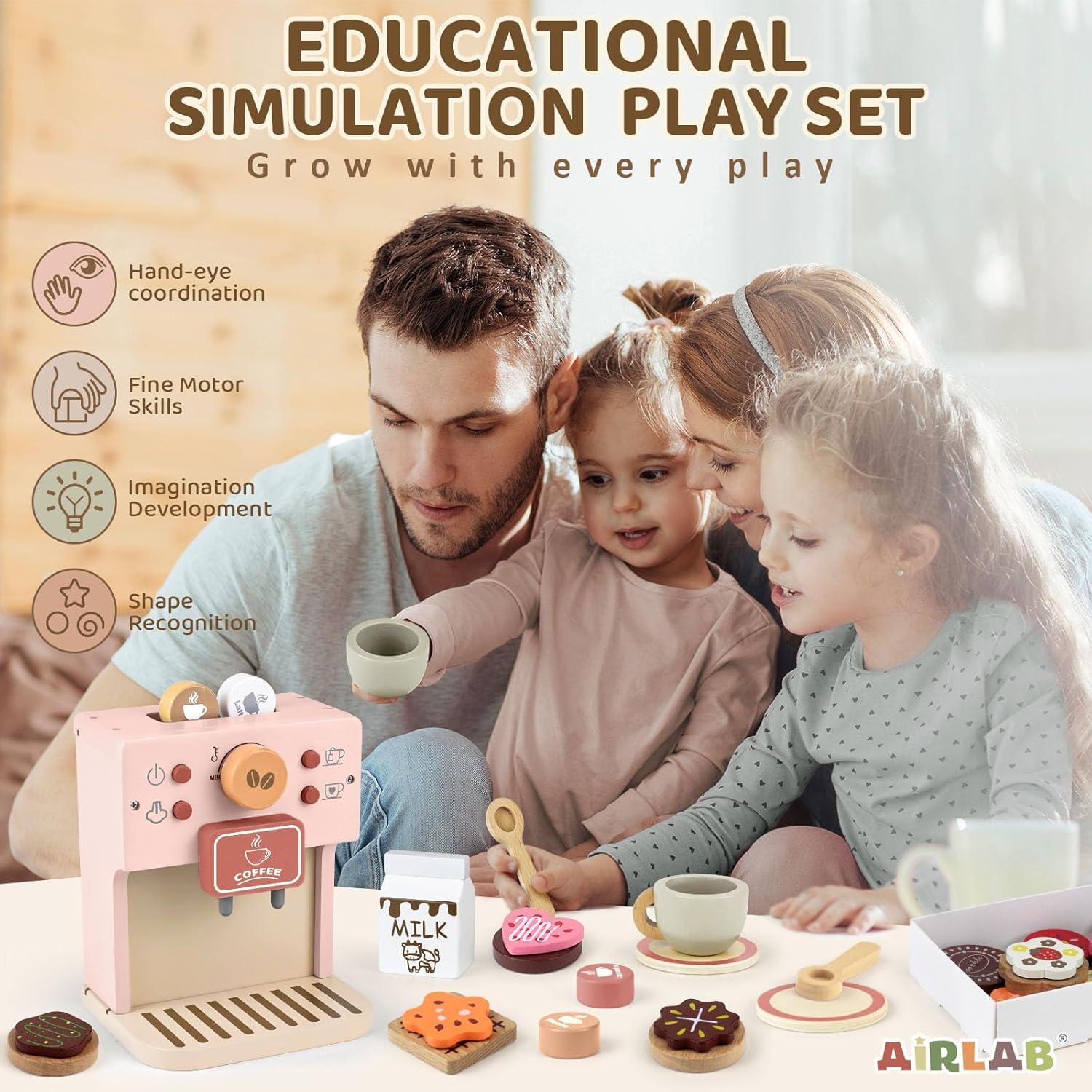 Juego de Café Airlab Rosa para Niños - Cafetera de Madera