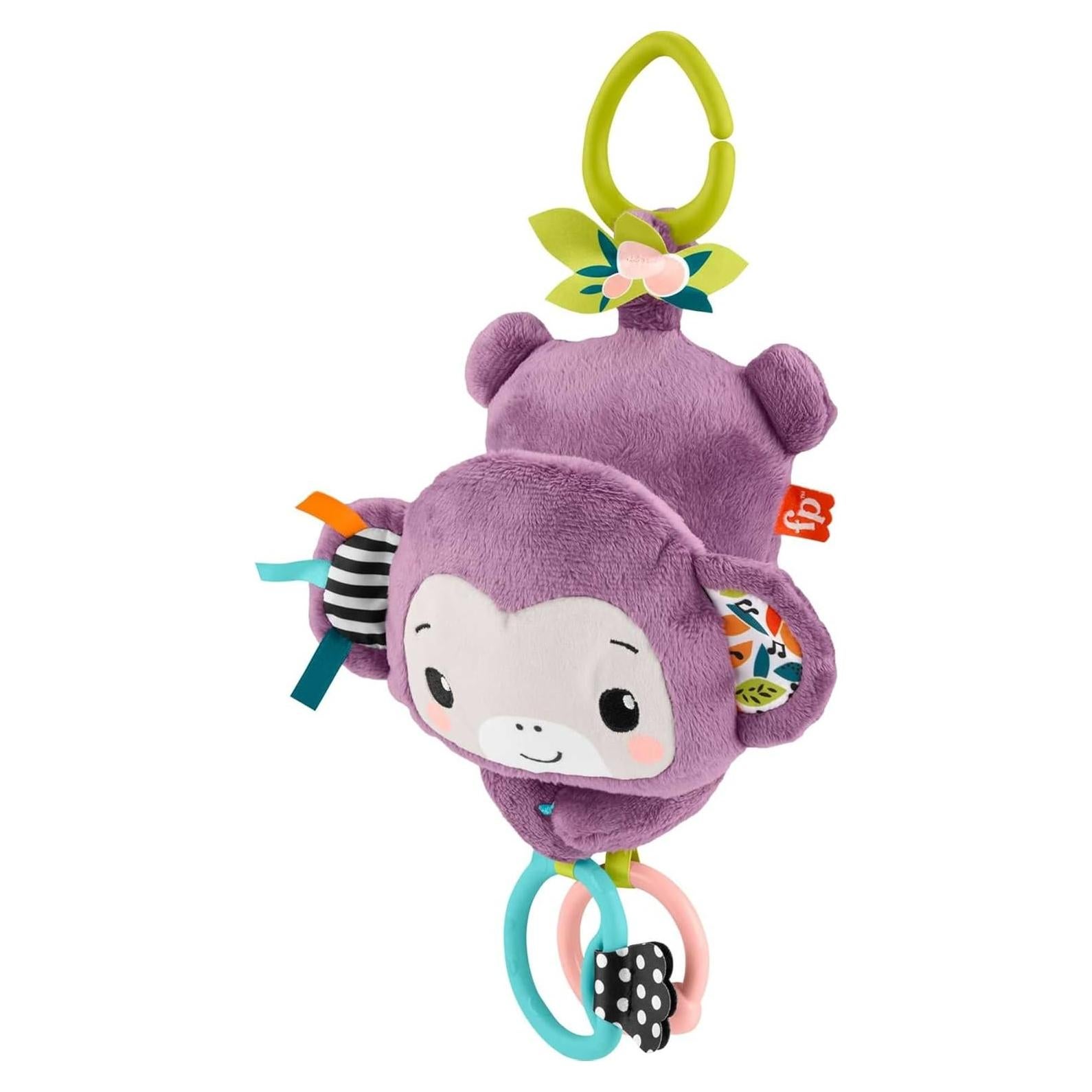 Fisher-Price Baby Stroller Toy Sing & Go Purple Monkey Musical Sensory Plush with Crinkle & Clackers for Newborns from Birth+