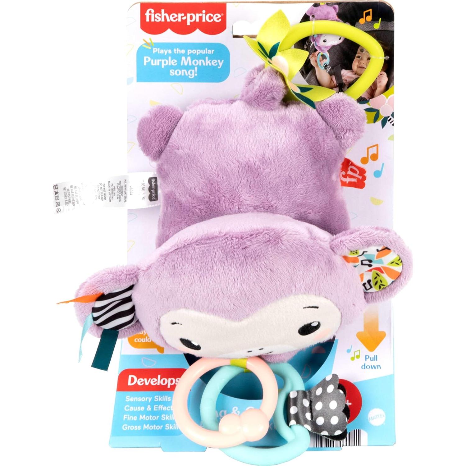 Fisher-Price Baby Stroller Toy Sing & Go Purple Monkey Musical Sensory Plush with Crinkle & Clackers for Newborns from Birth+